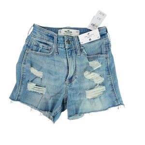 Hollister Women's Blue Curvy High-rise Distressed Frayed Denim Shorts Size 23